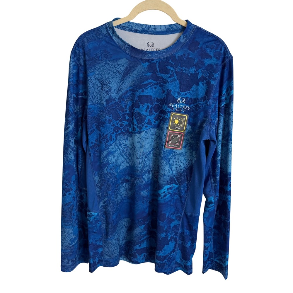 Realtree Fishing Mens Small Blue Camo Long Sleeve UPF 30 Performance Shirt New